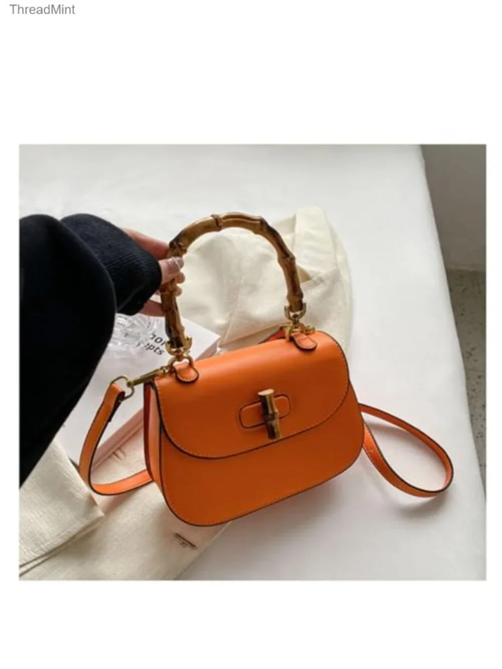 Leather Bamboo Handle Satchel Crossbody Bag Top Handle Shoulder Purse
